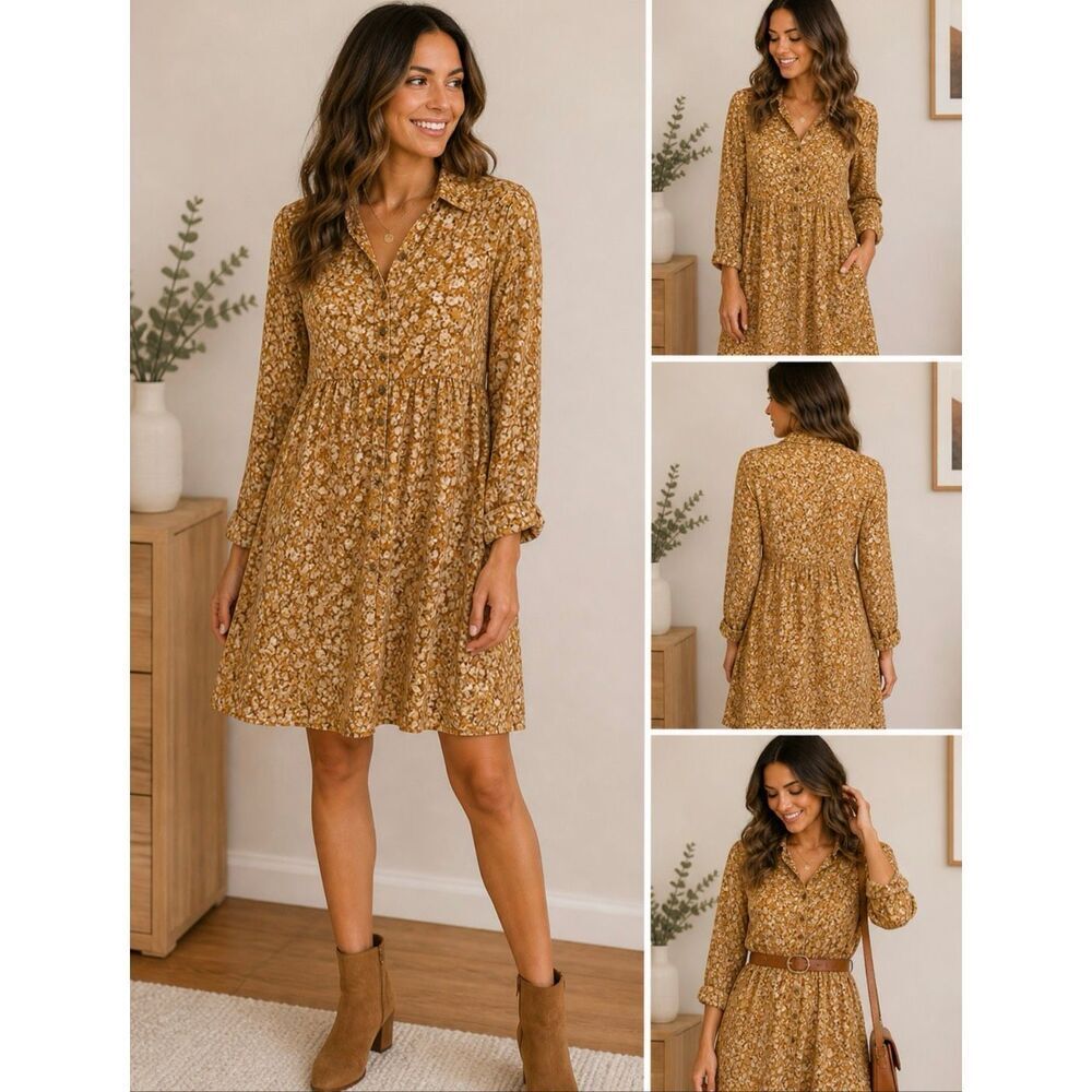 Mimi Chica Floral Shirt Dress Mustard Brown Long Sleeve Button Front Boho Size M